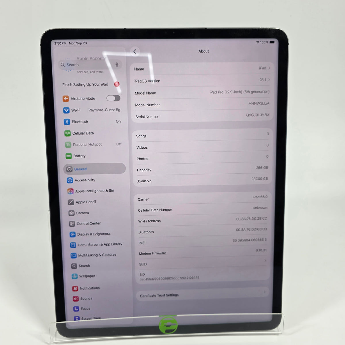 WiFi Only Apple iPad Pro 12.9" 5th Gen 256GB Space Gray MHNW3LL/A