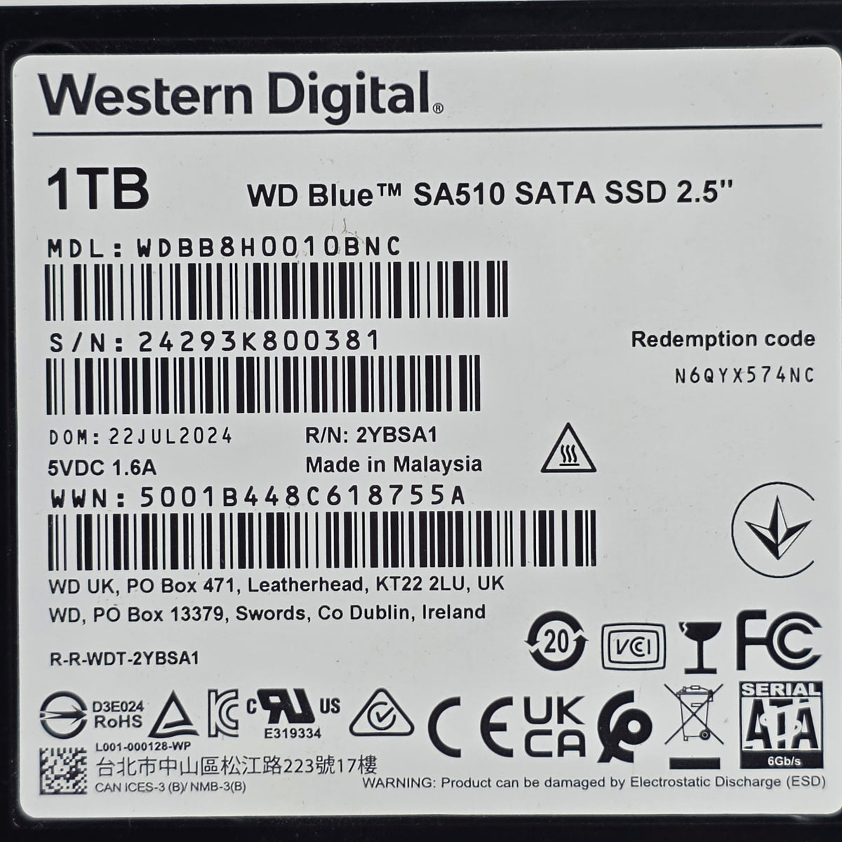 Western Digital 2.5" wd blue SA510 1TB SATA III 6Gbps SSD WDBB8H0010BNC