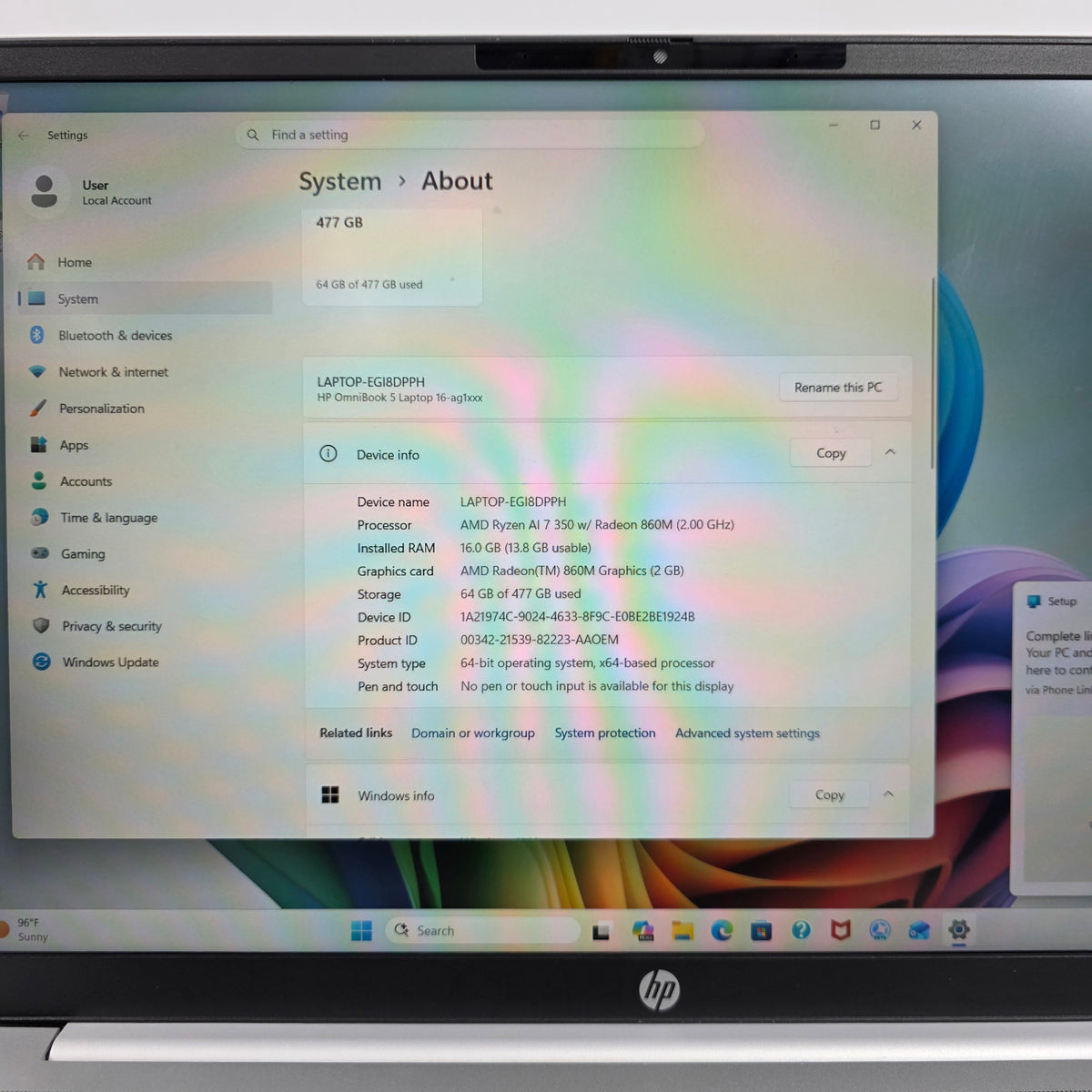 HP omnibook 5 16-AG1070WM Ryzen AI 7 350 2.0GHz 16GB RAM 512GB