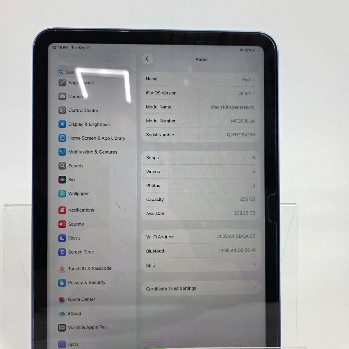 WiFi Only Apple iPad 10th Gen 256GB Blue MPQ93LL/A