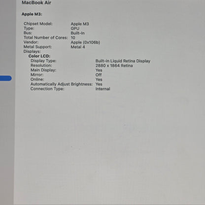 2024 Apple MacBook Air 15" M3 10C GPU 4.0GHz 8GB RAM 256GB SSD A3114