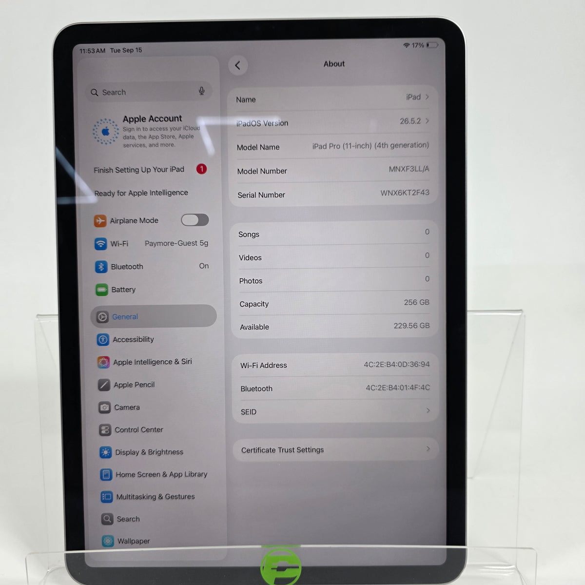 WiFi Only Apple iPad Pro 11" 4th Gen 256GB Space Gray MNXF3LL/A