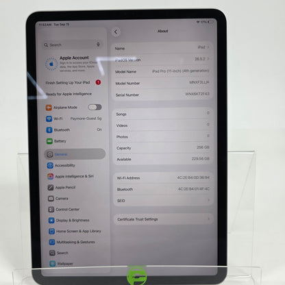 WiFi Only Apple iPad Pro 11" 4th Gen 256GB Space Gray MNXF3LL/A