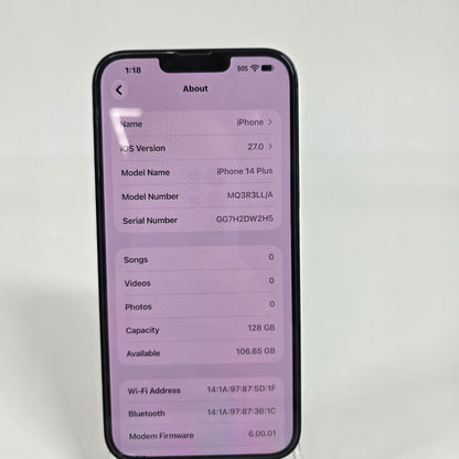 Factory Unlocked Apple iPhone 14 Plus 128GB Midnight MQ3R3LL/A