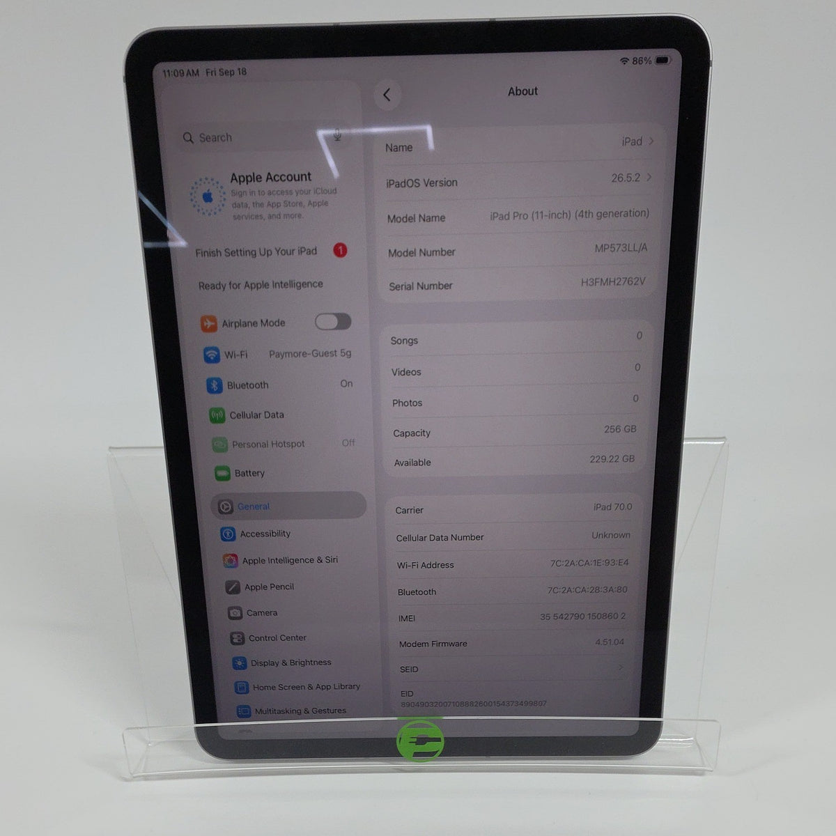 Factory Unlocked Apple iPad Pro 11" 4th Gen 256GB Space Gray MP573LL/A