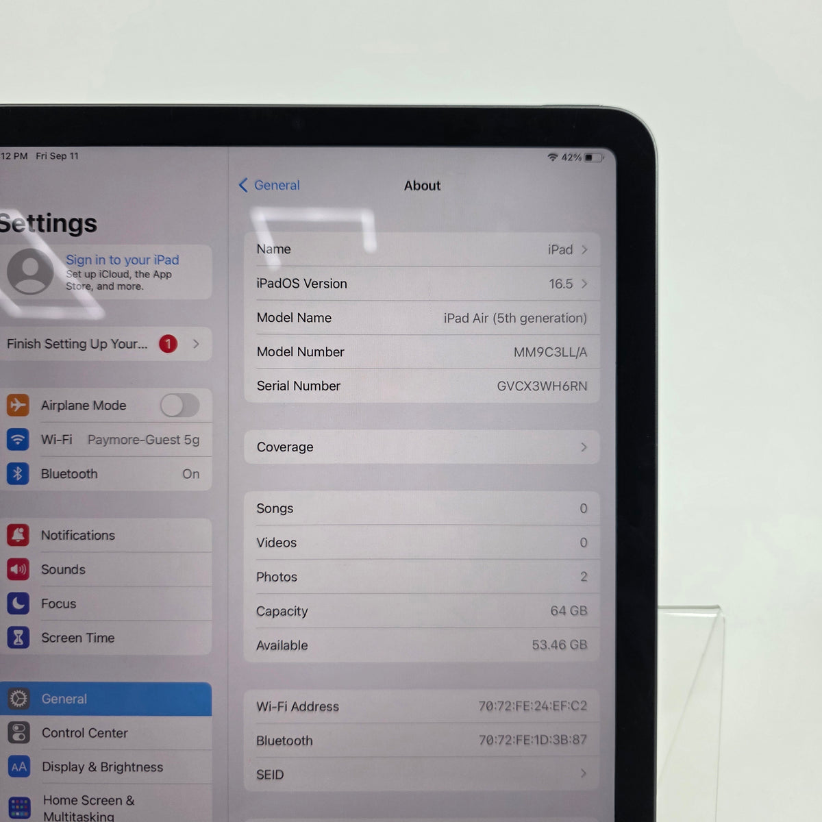 WiFi Only Apple iPad Air 5th Gen 64GB Space Gray MM9C3LL/A